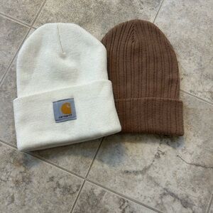Carhartt Cream Cuffed Beanie & Wild Fable Brown Ribbed Beanie Set